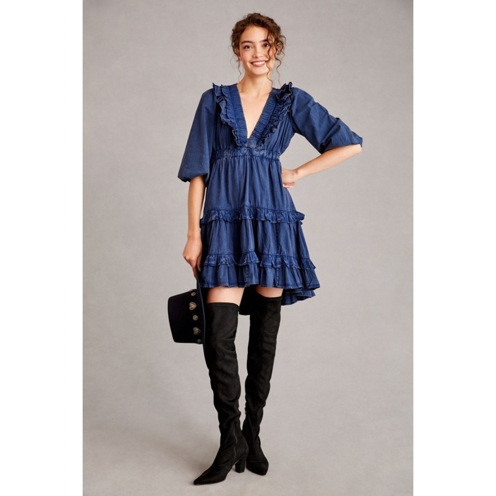 Anthropologie Pilcro Ruffled V-Neck Denim Dress S Tiered Peasant Mini Western